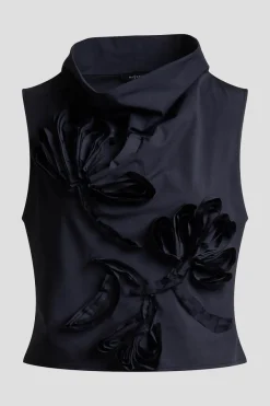 Tech Cotton Taffeta Embroidered Funnel Neck Top