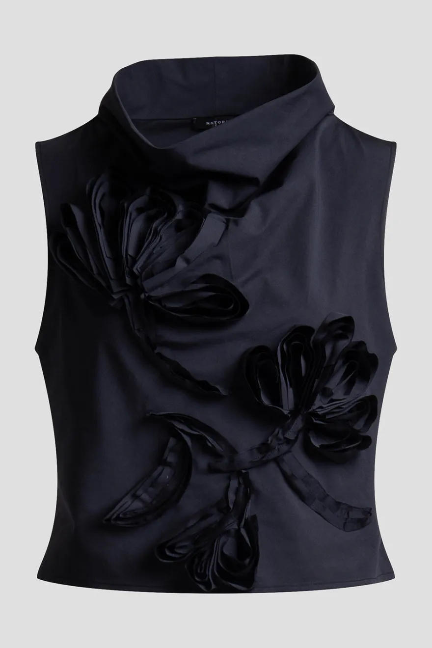 Tech Cotton Taffeta Embroidered Funnel Neck Top
