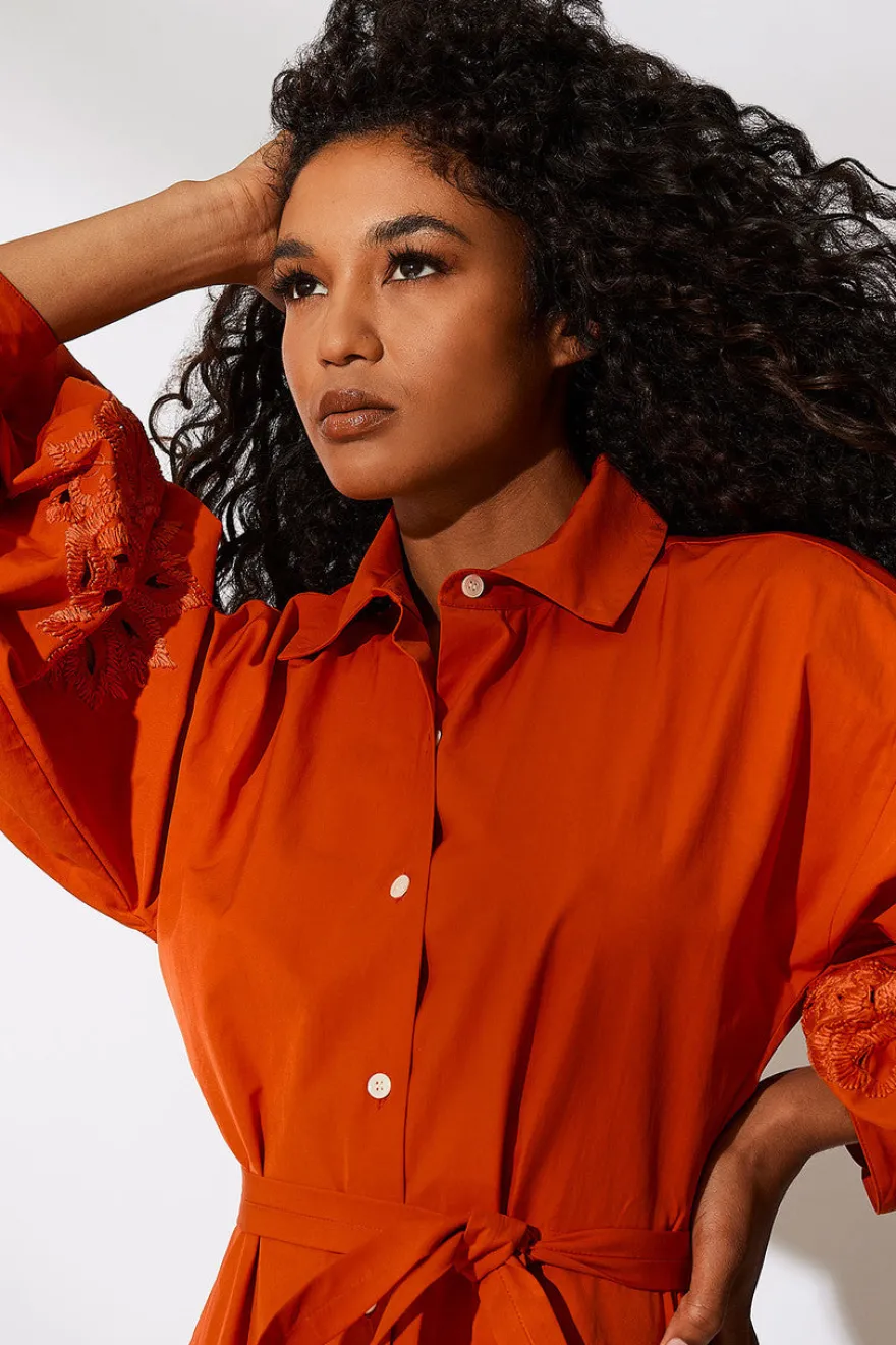 Tech Cotton Taffeta Embroidered Shirtdress