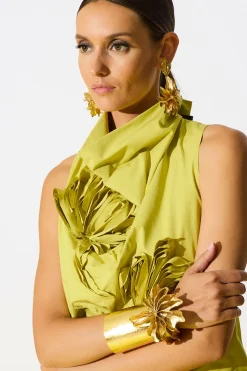 Tech Cotton Taffeta Embroidered Funnel Neck Top