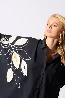 Tech Cotton Taffeta Embroidered Button Down Caftan Shirt