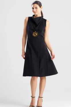 Techno Crepe Fit & Flare Funnel Neck Dress