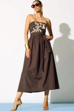 Techno Poplin Embroidered Strapless Belted Dress