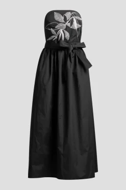Techno Poplin Embroidered Strapless Belted Dress