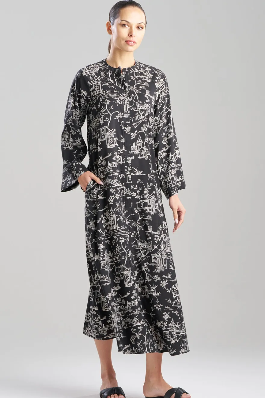 Toile Printed Satin Mandarin Zip Caftan