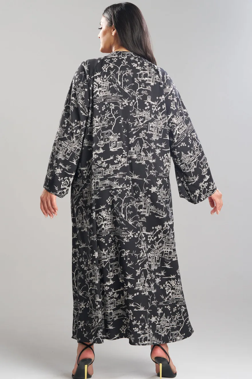 Toile Printed Satin Mandarin Zip Caftan