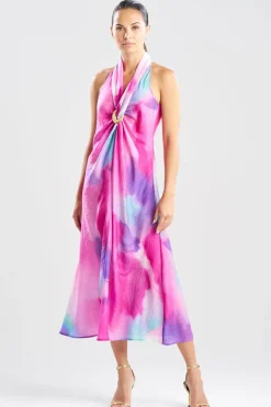 Watercolor Sheer Texture Halter Maxi Dress