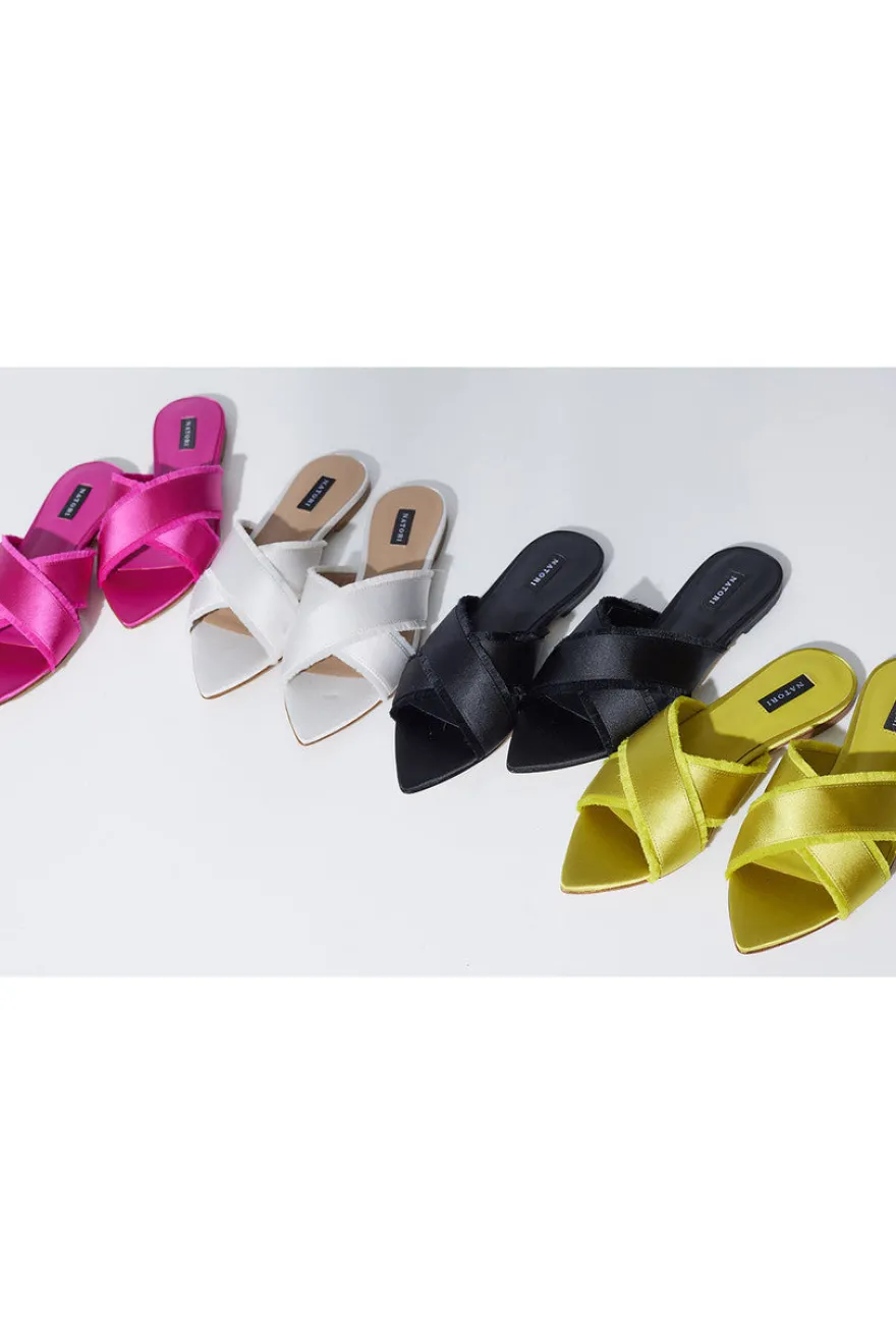 Wayu Satin Fringe Cross Slide Sandals
