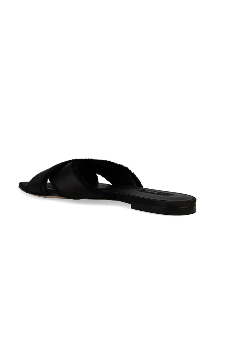 Wayu Satin Fringe Cross Slide Sandals