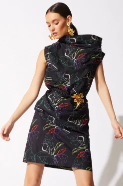 Yoru Embroidered Cotton Poplin Asymmetric Funnel Neck Dress